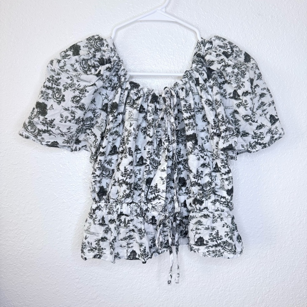 7 For All Man Kind Toile Floral Cotton Button Front Peasant Top XS
